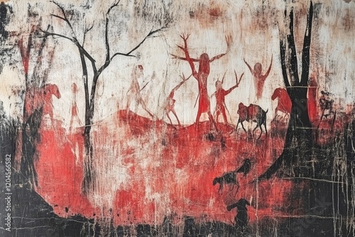 Closeup of the ancient rock paintings on the walls inside the caves of Bhimbetka, India, Asia