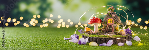 Obraz na płótnie Enchanting Fairy House Mushroom Lights Green Grass w salonie