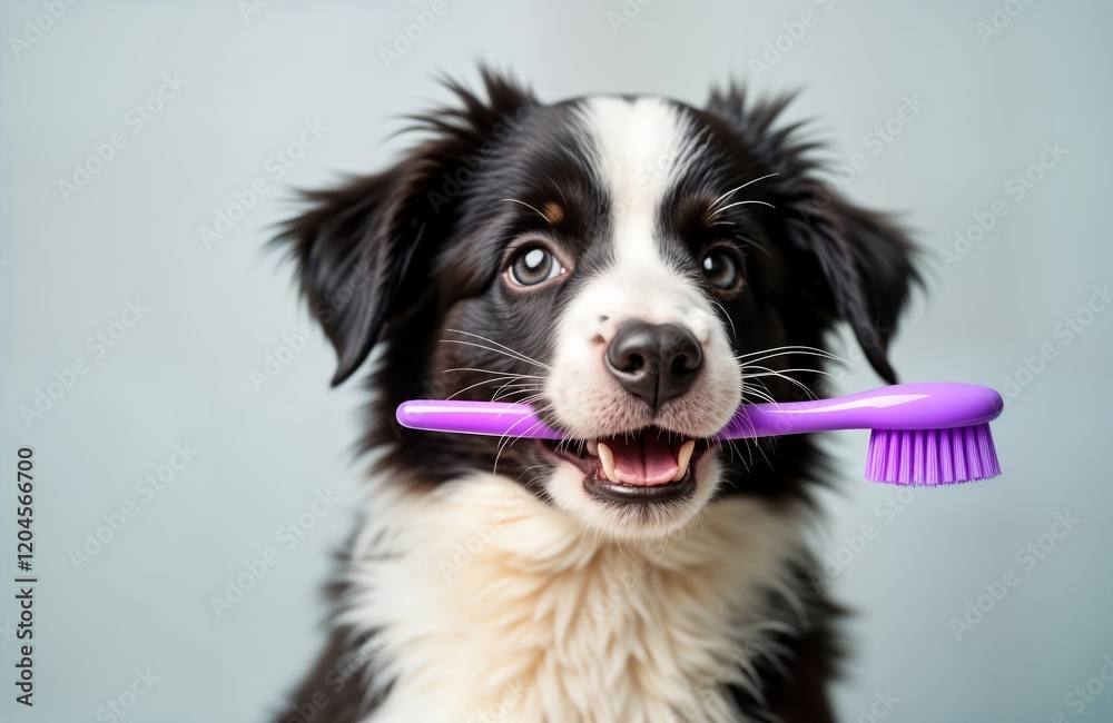 Cute puppy border collie holds purple toothbrush. Playful pet enjoys oral hygiene. Photo shows pet care. Studio shot on white backdrop. Puppy teeth health care concept. Cute puppy border collie holds purple toothbrush. Playful pet enjoys oral hygiene. Photo shows pet care. Studio shot on white backdrop. Puppy teeth health care concept.
