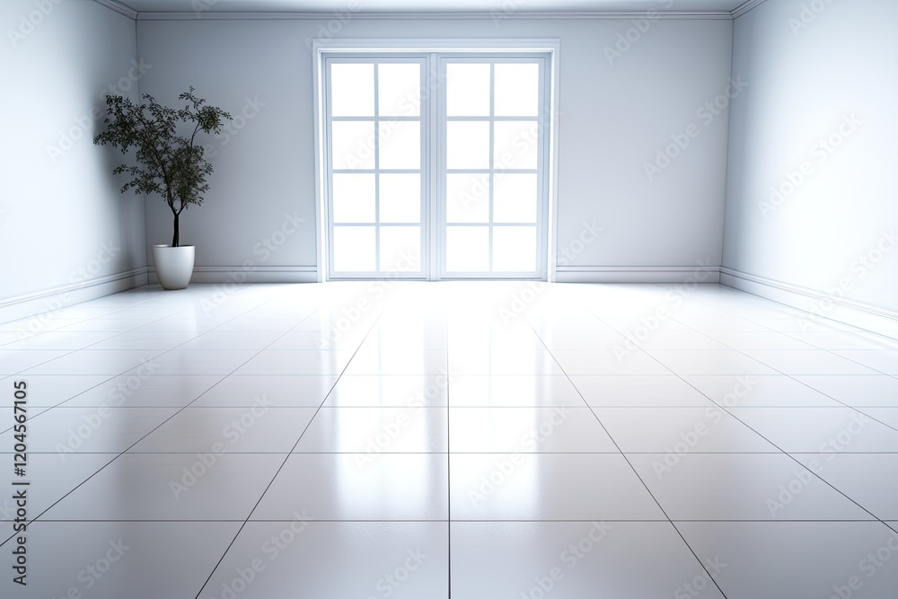 Fototapeta premium Minimalist interior design of a bright room with large windows and a potted plant