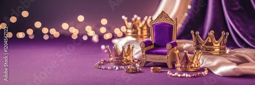 Obraz na płótnie Regal Throne Gold Crowns Purple Velvet Royal Jewelry Fantasy Leadership Power w salonie