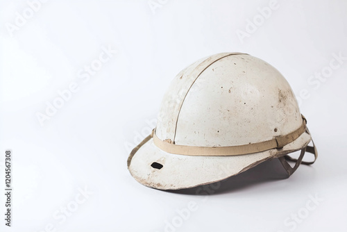 weathered explorer's pith helmet showing authentic wear, clean white backdrop