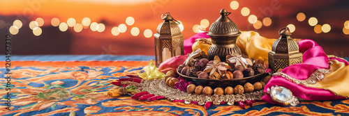 Obraz na płótnie Festive Ramadan Sweets Lanterns Decor Oriental Fabrics w salonie