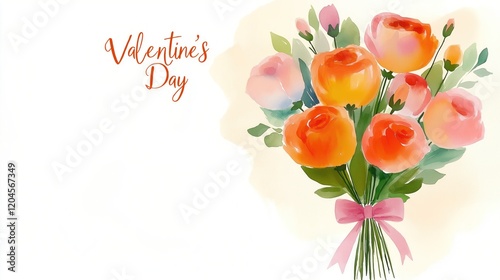 Fototapeta Naklejka Na Ścianę i Meble -  Valentines Day greeting card with bouquet of flowers, watercolor