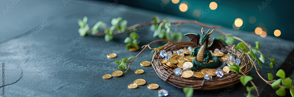 Fantasy Dragon Hoarding Gold Coins in Nest Green Plants