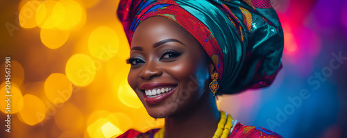 Nigerian woman showcases traditional gele and iro attire with vibrant colors and radiant smile during a festive celebration photo