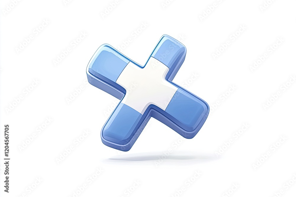 Obraz premium 3D Blue Medical Cross Symbol Floating on a White Background with Soft Shadows