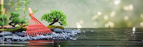 Obraz na płótnie Zen Garden Miniature Bonsai Trees Rake Stones Bamboo w salonie