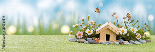 Obraz na płótnie Spring Dream Home Wooden House Flowers Butterflies w salonie