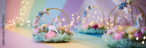 Magical Unicorn Flower Arrangement Pastel Rainbow Background Fairy Lights Gold Hoops
