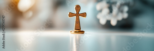 Golden Ankh cross on a reflective surface. photo