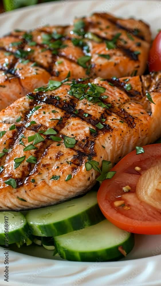 Grilled salmon fillets garnished with herbs and served with fresh vegetables on a white platter Grilled salmon fillets garnished with herbs and served with fresh vegetables on a white platter