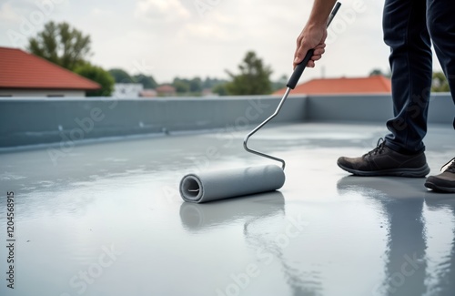 Worker applies waterproofing coating on rooftop deck using paint roller. Gray floor waterproofed. Construction work on flat roof. Contractor uses tools to reinforce, protect. Exterior building