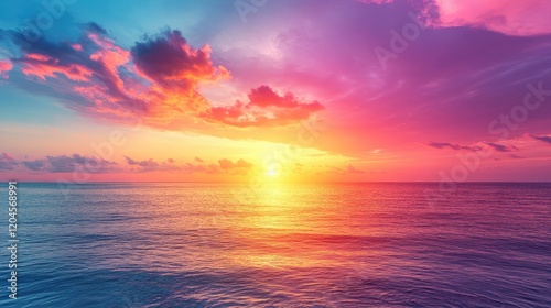 Vibrant sunset over calm ocean waters with colorful clouds reflecting in the sky