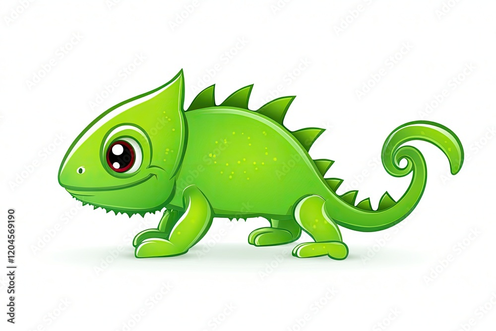 Fototapeta premium Colorful cartoon chameleon character standing on a white background, showcasing vibrant design features