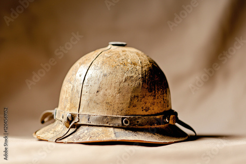 colonial-style pith helmet with patina against neutral backdrop