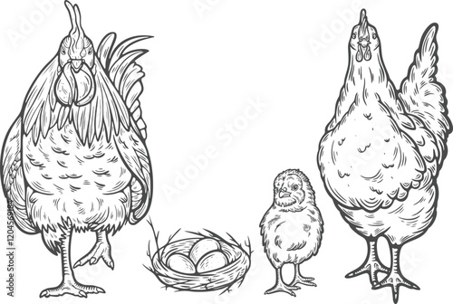 Turkey family tom hen wild domesticated poultry farm feathered bird animal engraving hand drawn illustration black white isolated vintage line art sketch silhouette graphic style poster label web