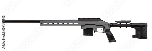 A modern, gray precision rifle with a long barrel, adjustable stock, and tactical design, suitable for long-range shooting and hunting. Isolate on white background. photo