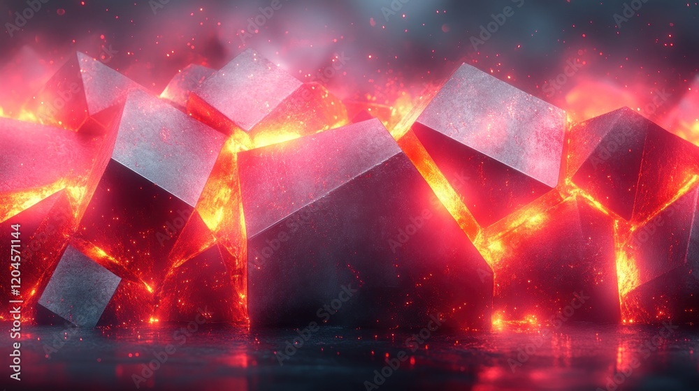 Fiery lava emerging between metallic cubes, creating a dramatic contrast in a dark, smoky environment Fiery lava emerging between metallic cubes, creating a dramatic contrast in a dark, smoky environment