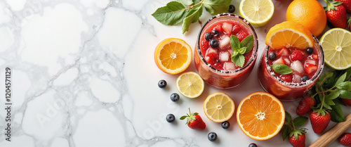 Refreshing Spanish Sangria with vibrant strawberries, blueberries, and citrus garnishes on a marble surface creating a summery and festive ambiance photo