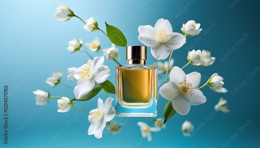 Bottle of floral perfume and jasmine flowers in air on light blue background