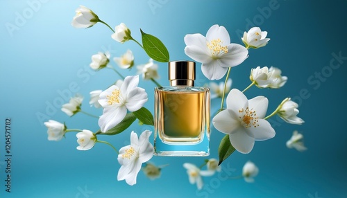 Bottle of floral perfume and jasmine flowers in air on light blue background