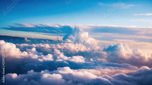 Serene aerial view of fluffy clouds under a vibrant sky at sunset, showcasing a palette of soft pinks, blues, and whites, evoking tranquility.