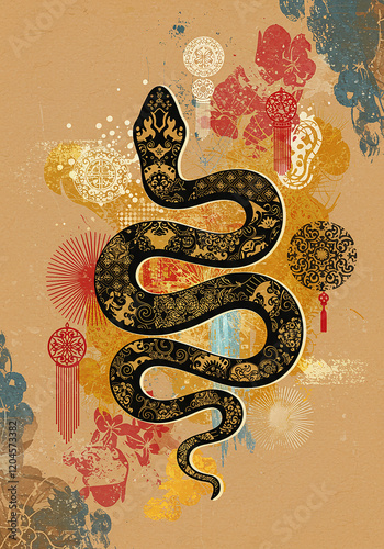 Ornate Black Snake with Asian Inspired Floral and Geometric Patterns on Textured Background photo