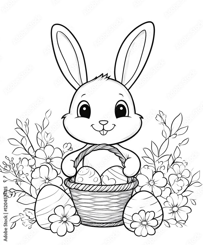 Easter Bunny Holds Basket Of Colorful Eggs Amongst Flowers Easter Bunny Holds Basket Of Colorful Eggs Amongst Flowers