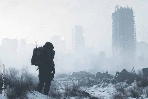 A lone male survivor from a nuclear war wanders through an abandoned, ravaged city, his face obscured by a gas mask and his figure shrouded in a brown jacket. The streets are enshrouded in thick fog photo