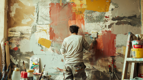 painter prepping patched wall for painting in creative studio photo