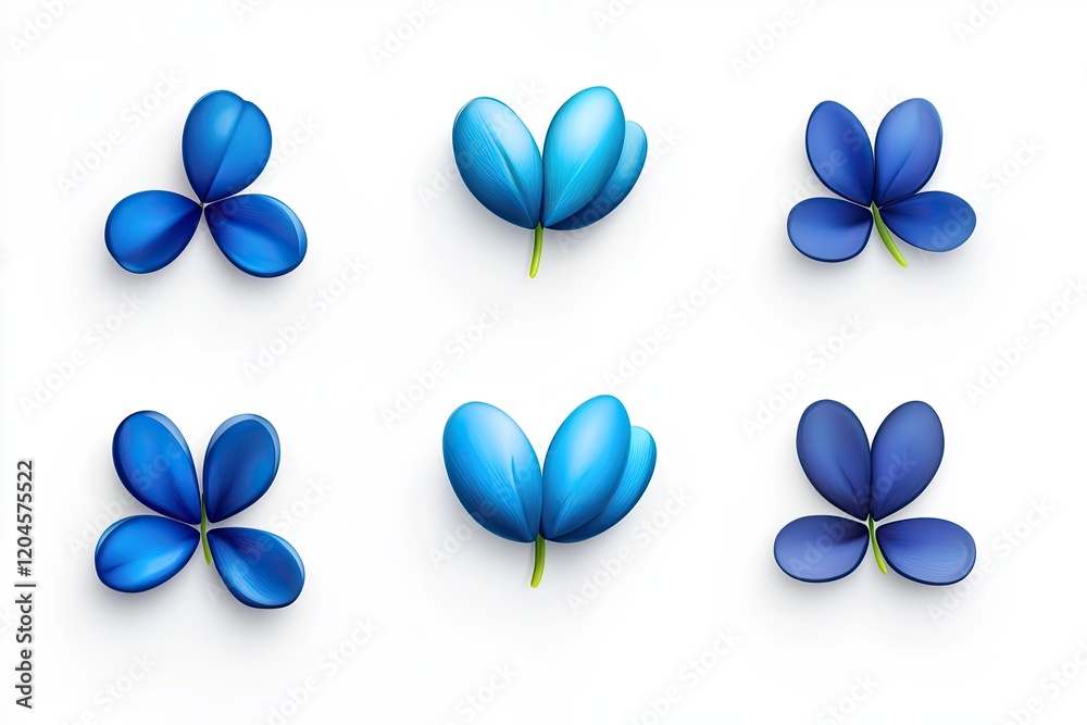 Six stylized blue flowers arranged symmetrically on a white background, ideal for design use
