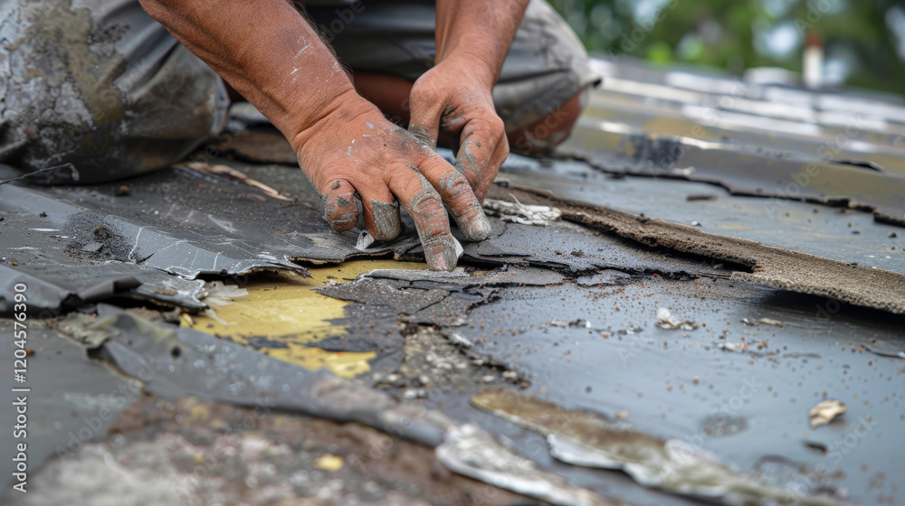Repairing roof leak with hands working on damaged materials Repairing roof leak with hands working on damaged materials