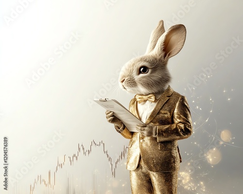 A stylish rabbit in a golden suit holds a clipboard, blending charm and professionalism for a whimsical effect.