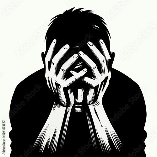 Abstract Black and White Illustration Depicting Sadness and Depression Through Artistic Mind Art and Silhouette in Emotional Struggle