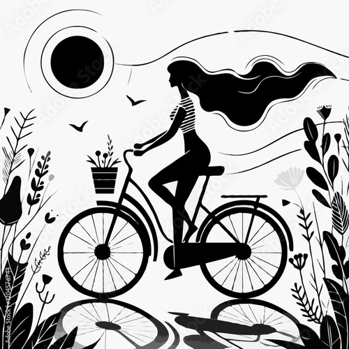 Black and White Bicycle Illustration with Woman Cycling through Nature: Eco-Friendly Floral Art in Rural Landscapes and Urban Environments