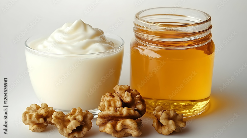Creamy yogurt, honey, walnuts, studio shot, food recipe. Creamy yogurt, honey, walnuts, studio shot, food recipe.