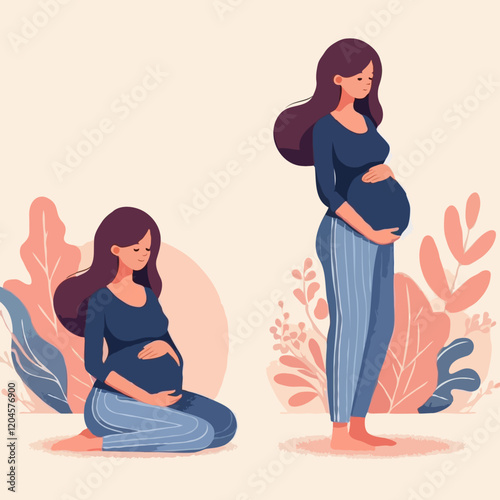 Floral Background Maternity Illustration: Expecting Mother in Vector Art Celebrating Motherhood Journey