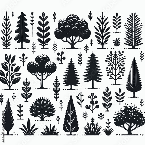 Botanical Line Art Illustration: Black and White Tree and Plant Silhouettes for Rustic Farmhouse Decor