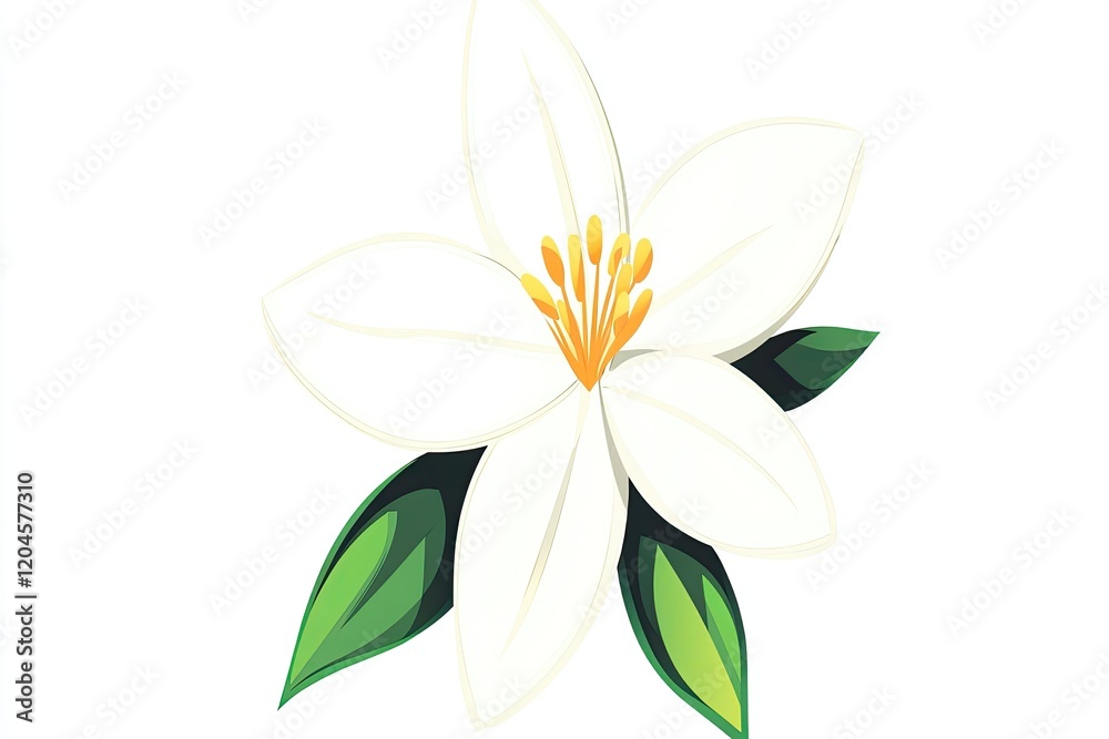 Obraz premium A vibrant white flower with green leaves, symbolizing purity and tranquility, isolated on white