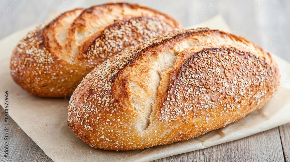 Two artisan loaves of bread on parchment paper, rustic wooden background, perfect for baking blogs or food websites Two artisan loaves of bread on parchment paper, rustic wooden background, perfect for baking blogs or food websites