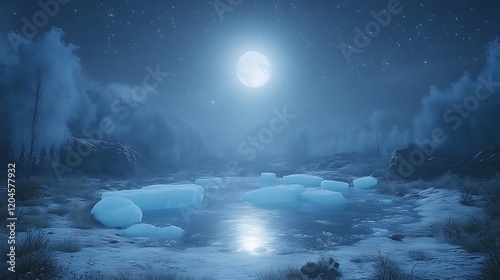 Serene moonlit landscape with ice floes and misty trees