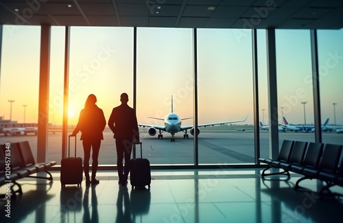 Couple waits for flight at airport terminal. Sunrise view outside terminal window shows airplane on tarmac. Travelers stand with luggage. Calm atmosphere. Airport scene.