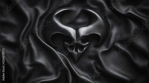 Metallic Skull Emblem on Black Draped Fabric photo