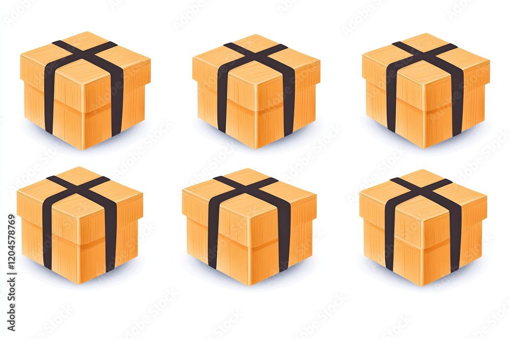 Obraz premium Six identical brown boxes with black straps arranged in two rows on a white background
