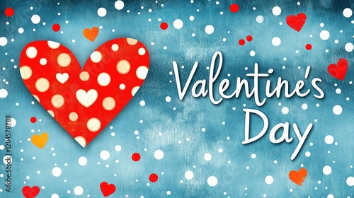 Valentines Day greeting card with red heart on motley blue background