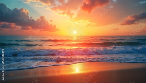 Scenic sunrise paints vibrant colors over serene beach with gentle waves lapping at shore. Ocean water reflects golden light. Relaxing atmosphere perfect for holiday. Peaceful morning sun illuminates