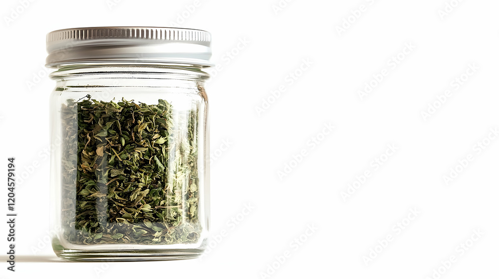 Dried herbs in glass jar, white background, studio shot, food ingredient. Dried herbs in glass jar, white background, studio shot, food ingredient.