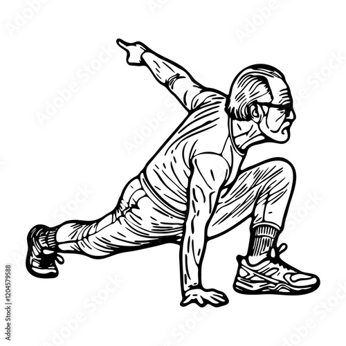 elderly fit man doing stretching exercise, fitness sketch