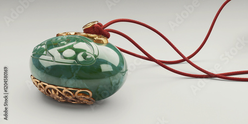 Ornate green gemstone pendant with gold detailing and red cord.